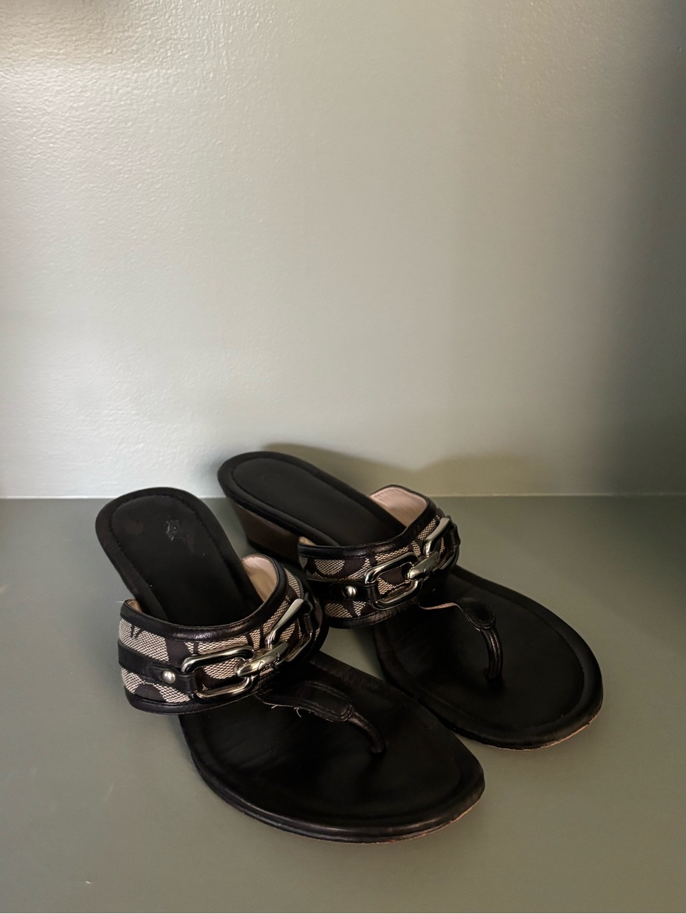 Coach Women’s Black Slip-On Thong Wedge Sandals with Chain Accent